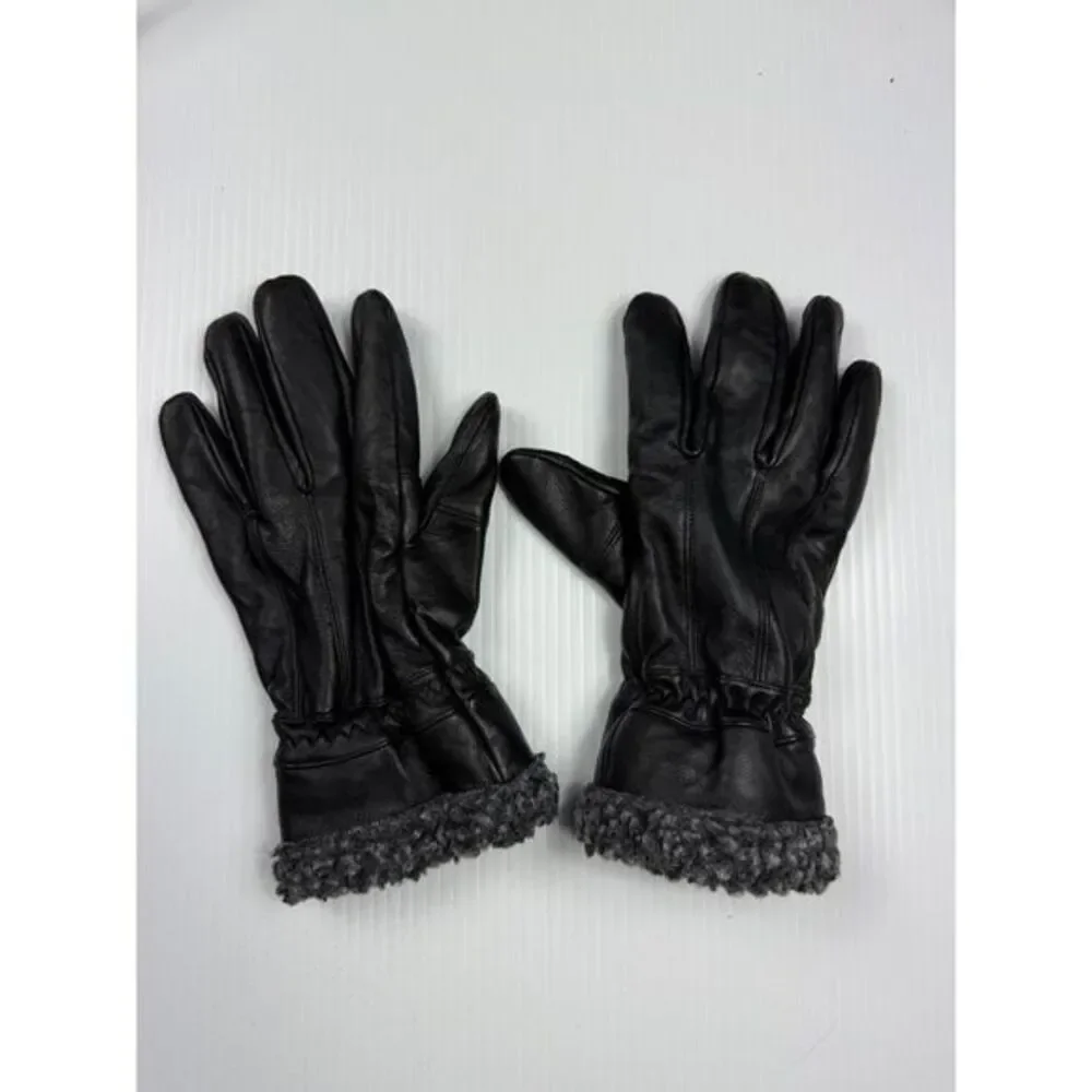 Black Leather Gloves with‎ Plush Gray Fleece Lining Cold Weather size M